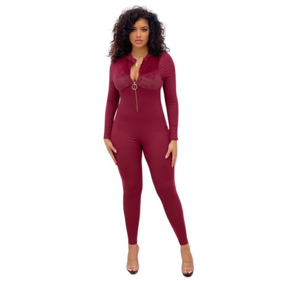 THEA FRONT ZIPPER LONG SLEEVE JUMPSUIT - BURGUNDY - Picture 3 of 4
